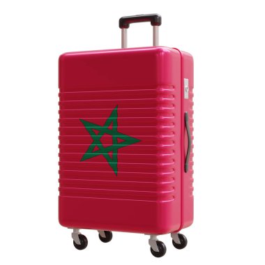 Fas 'a seyahat. Fas bayrağı bavulu beyaz, 3 boyutlu.