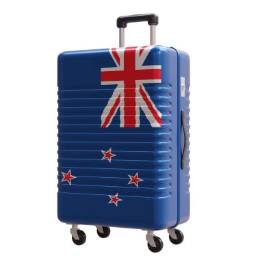 Yeni Zelanda 'ya seyahat. Yeni Zelanda bavulu beyaz, 3D renkte izole edilmiş.