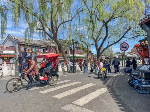 Pekin, Çin. 25 Mart 2025. Rickshaw sürücüsü, güneşli bir bahar gününde tarihi Shichahai 'da turist taşıyor..