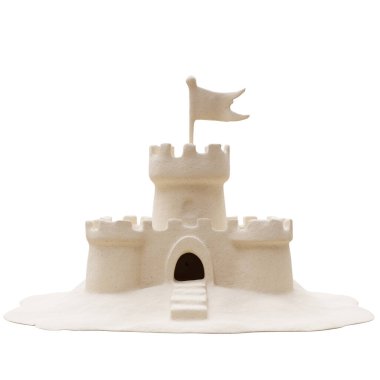 Kumdan kale beyaz, yaz tatili, sahilde çocuklar eğleniyor. 3d hazırlayıcı