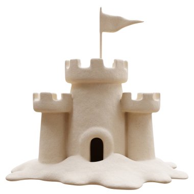 Kumdan kale beyaz, yaz tatili, sahilde çocuklar eğleniyor. 3d hazırlayıcı