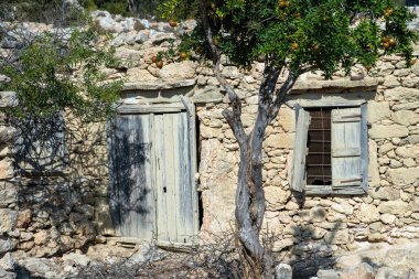 Yunanistan 'ın Gavdos adasındaki Kastri köyünde terk edilmiş, mavi ahşap kapılı ve pencereli taş bir ev. Evin önünde badem ve nar ağaçları var.