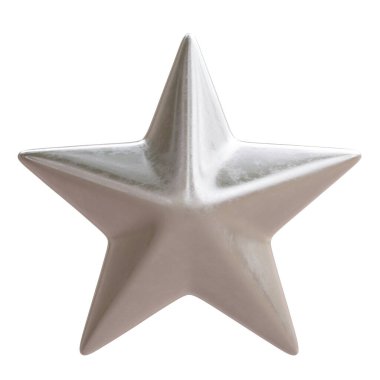 Beyazda izole edilmiş gümüş yıldız. Noel ağacı süslemesi, 3D görüntüleme