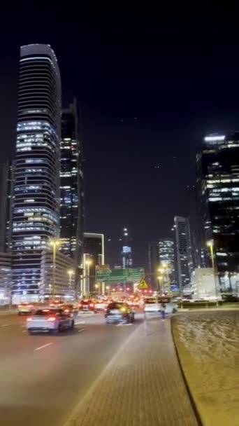 充满活力的城市夜生活 明亮的摩天大楼和城市灯光 一座光芒四射的城市的迷人美丽 光芒四射的摩天大楼照亮了天际 汽车在下面繁华的道路上穿行 形成了迷人的都市奇观 — 图库视频影像