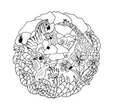 Çember şeklinde bir mandala boyama kitabı sihirli orman zebra zürafa kuş çiçeği bitkileri