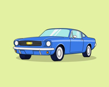 Mavi klasik retro araba çizimi, vintage araçlar düz tasarım