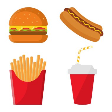 Fast food beyaz arka planda düz vektör çizimi oluşturdu. Vektör gıda çizimi. İzole edilmiş set.