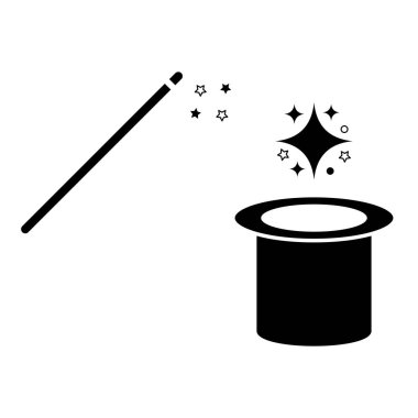 Beyaz arka planda fantezi tarzında siyah sihirli şapka ikonu. Konsept tasarım için sihirli şapka simgesi. İzole vektör illüstrasyonu. 