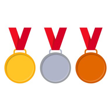 Altın, gümüş ve bronz madalyalar ikon vektör seti. Ödül yeri. Sembol zafer simgesi.