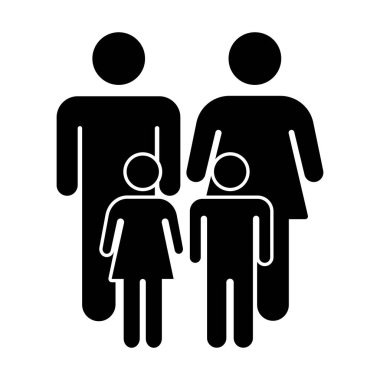 Aile ikonu vektörü. Aile bir arada siyah siluet. Anne, baba, oğul ve kız..
