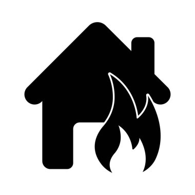 Beyaz arkaplanda ev simgesi vektörünü ateşle. Ev alevleri sembolü. Yanan ev.