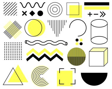 Retro yarım ton geometrik şekiller ayarlandı. Beyaz arkaplanda soyut tarzda geometrik şekil. Retro memphis posteri.