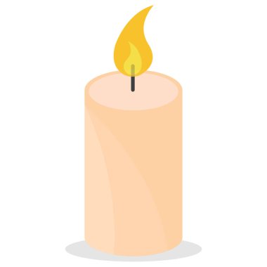 Beyaz zemin üzerinde mum olan modern çizgi film ikonu. Ateş alevi. Vektör kavramı.