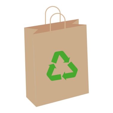 Beyaz arka planda yeşil etiketli kağıt eko çanta. Süpermarketten alışveriş için kağıt eco çantası. Geri dönüşüm kavramı.