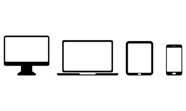 Aygıt simgeleri beyaz arkaplanda ayarlandı. Telefon, tablet, monitör, dizüstü bilgisayar simgeleri. Modern siyah aygıtlar.