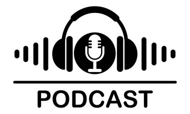Podcast veya Radyo vektör logosu. Klasik tarzda podcast. Stüdyo mikrofonu. Ses kayıt işareti.