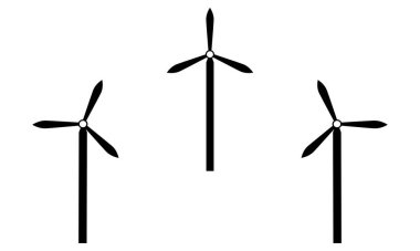 Siyah yel değirmeni vektör simgeleri ayarlandı. Elektrik gücü. Çevre enerjisi. Alternatif rüzgar türbini. 