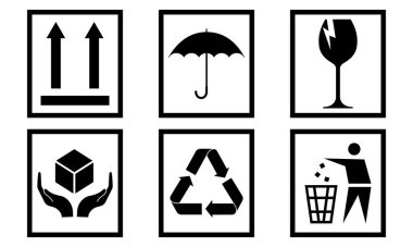 Beyaz arka planda siyah, kırılgan bir işaret. Ambalaj sembolü seti. Vektör 10 EPS.