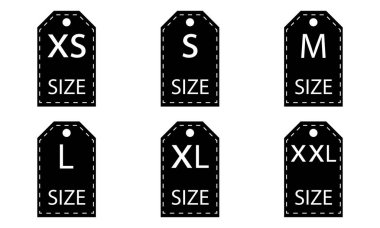 Kumaş tasarımı için giysi boyutu simgeleriyle ayarlandı. Bedenler: XS, S, M, L, XL, XXL. Büyük bir elbise seti..