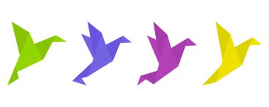 Origami kağıt kuşları dekorasyon tasarımı için. Renkli origami kağıt kuşlar. Vektör seti.