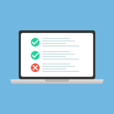 Listeli düz dizüstü bilgisayar. Dizüstü bilgisayar ekranında kontrol listesi ve kene. İşaretli ekranlı bilgisayar. 