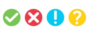 İşaret, ünlem, çapraz ve soru işareti. Renkli vektör düğmeleri. Vektör seti.