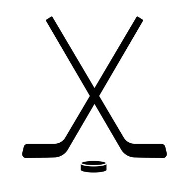 Siyah çapraz hokey sopaları ve disk. Hokey oyunu vektör simgesi. Oyun ekipmanları silueti.