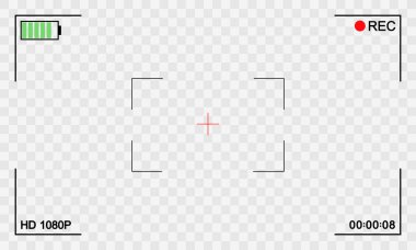 Şeffaf arkaplanda video kamera görüntüleyicisi var. Kamera çerçevesi vektör şablonu. Video kaydedici dijital görüntü.