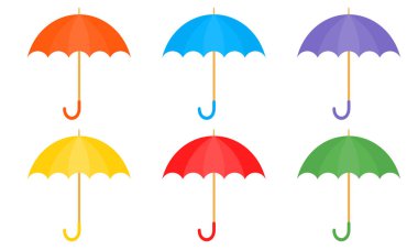 Beyaz arka planda çizgi film tarzında renkli şemsiye seti. Açık renkli şemsiyeli koleksiyon. Yağmur mevsimi. 