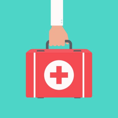 Kırmızı ilk yardım çantası vektör illüstrasyonu. Yeşil arka planda el ele tutuşan bir adam. Sağlık hizmetleri tasarımı için düz ilk yardım.