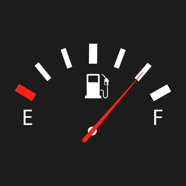 Siyah arka planda yakıt göstergesi gazının görüntüsü. Yakıt göstergesi göstergelerle dolu. Depo dolu.