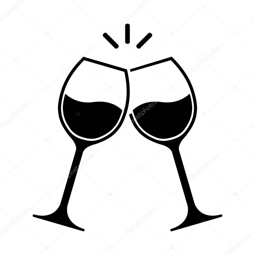 Clink glasses champagnes black vector icon. Two glass cups cheers vector icons. Celebrate party.