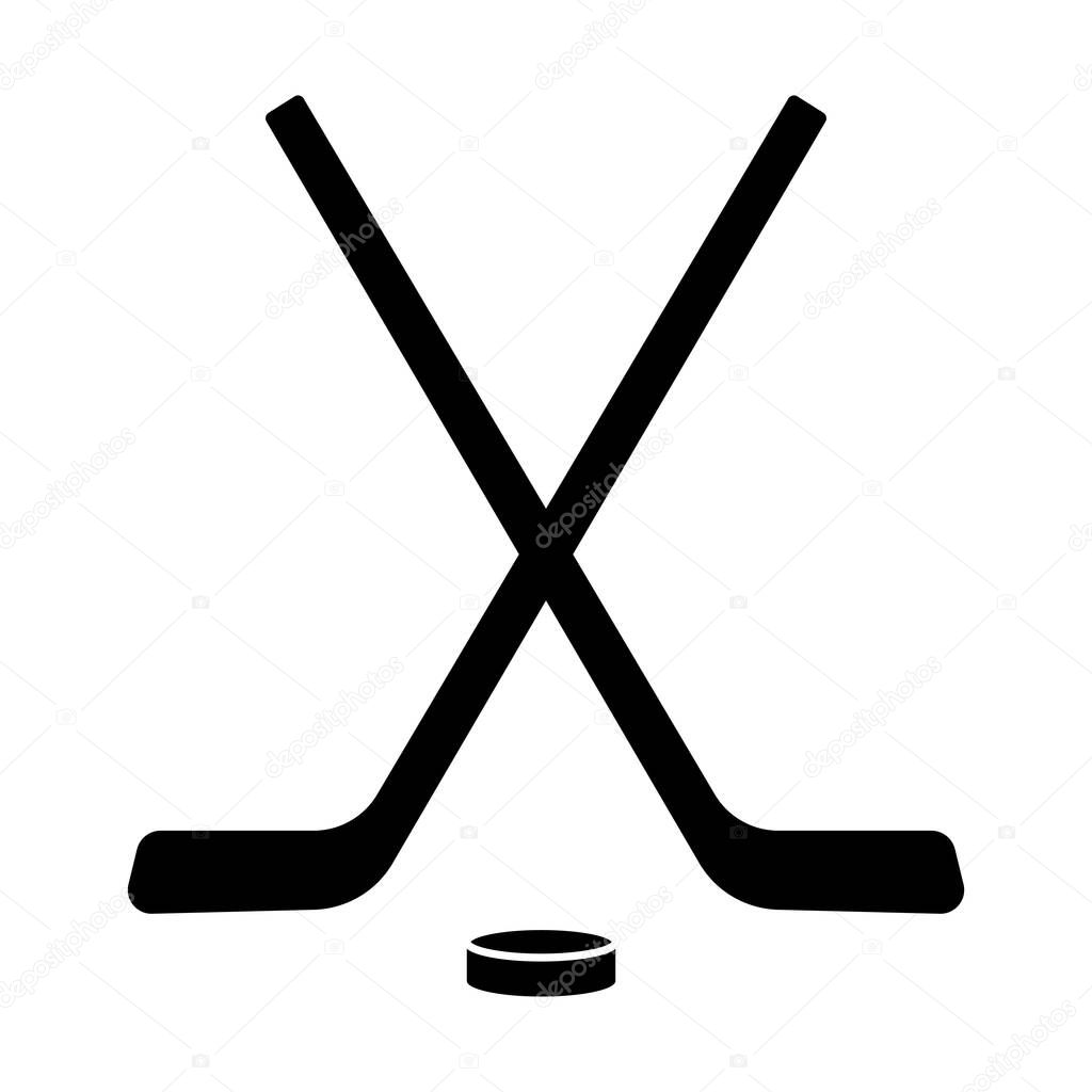 Black crossed hockey sticks and puck. Hockey game vector icon. Game equipment  silhouette.