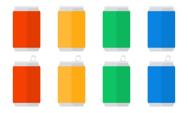 Beyaz arka planda renkli alüminyum kutular. Alüminyum kutu gazoz. Vektör simgesi ayarlandı. 