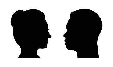 Siyah siluet kadın ve erkek profili. Portre ya da avatar adam ve kadın yüzü. Güzel çift..