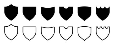 Beyaz arka planda siyah kalkanlarla ayarlayın. Koruma ve güvenlik sembolü. Boş kalkanların koleksiyonu.