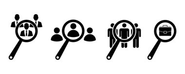 Arama görevi boşluğu vektör simgeleri belirlendi. En iyi işçiyi bul. İş için aday seçin. Büyüteç ve insanlar.