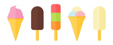 Dondurmaları düz simgelerle ayarlayın. Tatlı tatlı yaz tatlısı. Donmuş meyve suyu. Vektör 10 EPS.