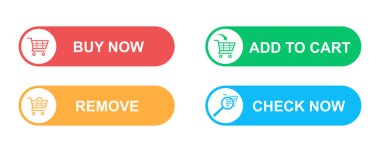 Çevrimiçi düzen için vektör düğmeleri. Düğmeleri şu şekilde ayarla: şimdi satın al, arabaya ekle, kaldır ve kontrol et. İnternetten alışveriş. 