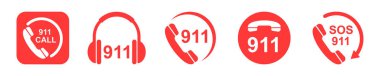 Acil 911 çağrı vektör simgeleri. Kırmızı sos simgeleri. Yardım numarası. Uluslararası yardım hattı.