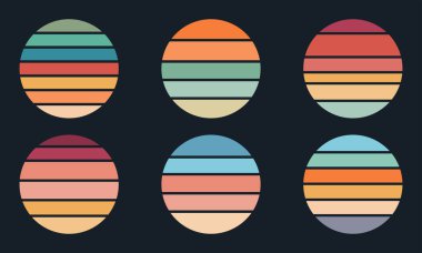 Günbatımı koleksiyonu. Klasik çizgili güneş. Renkli retro güneşli vektör ayarlandı. Gün batımı arkaplanı.