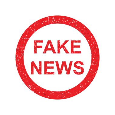Beyaz arka planda kırmızı sahte haber damgası. Grunge lastik rozeti. Sahte mi, yanlış mı? Uyarı - yanlış bilgilendirme.