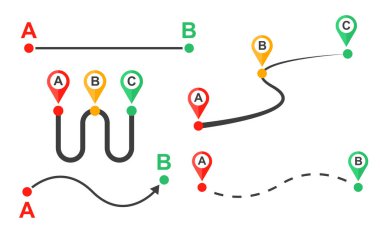 Konum şifreli yol. Bir noktadan diğerine uzaklık. Yol güzergahı Kıvrımlı yol. Vektör seti.