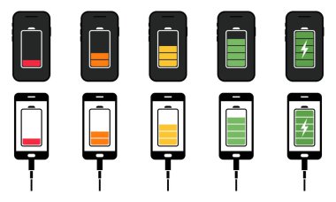 Akıllı telefon ekranında şarj oluyor. Batarya seviyesi ekranda. Gösterge şarjı düşük ile tam arasında. Vektör seti.