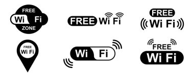 Beyaz arkaplanda Ücretsiz WiFi işaretleri ile ayarlayın. Ücretsiz kablosuz ağ alanı vektör simgeleri. Kablosuz erişim etiketi. Vektör 10 Eps.