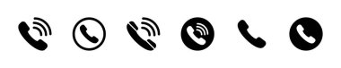 Telefon ahizesi vektör simgeleri seti. Sembol ara. Telefon işareti var. Siyah siluet telefon. 