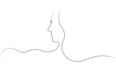  Beyaz arka plana soyut kadın yüzü çizimi. Kadın yüzünün siyah çizgili silueti. Kız kafası ve saç çiziyor..