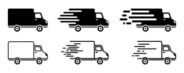Hızlı teslimat kamyon vektör simgeleri seti. Ekspres dağıtım simgeleri. Kurye servisi. Hızlı posta arabası. Vektör 10 EPS.