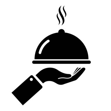 Garson tabağı ve örtüsüyle bekliyor. Restoranda ve kafede yemek servisi yap. Sıcak kahvaltı ya da akşam yemeği. Yemek servisi. Vektör simgesi.