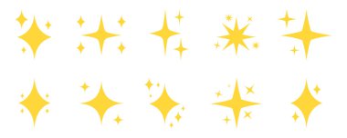 Altın renkli ikonlar vektör seti. Sarı parıltı ve parlama işareti. Parlayan yıldız simgeleri. Parlak efekt. Temizlik sembolü. Parlak parıltı işareti.